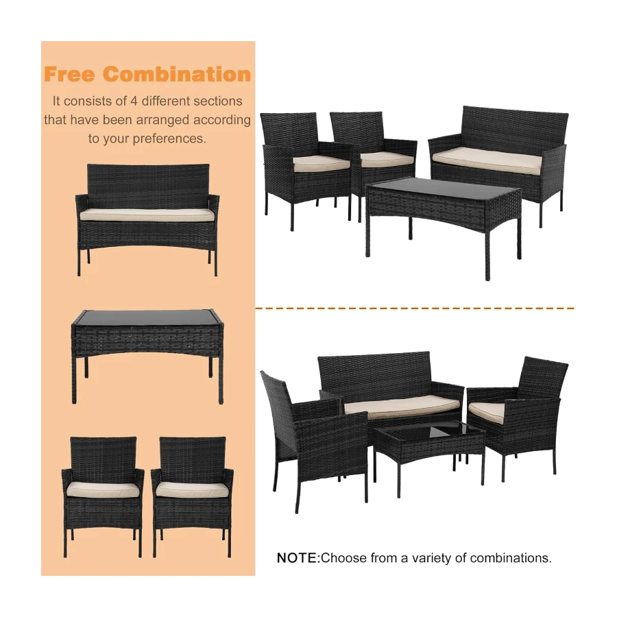 BestOffice Patio Furniture 4 Pieces Outdoor Indoor Use Rattan Chairs Wicker Patio Loveseats Conversation Sets with Table and Beige Cushions for Backyard Lawn Porch Garden Balcony,Black