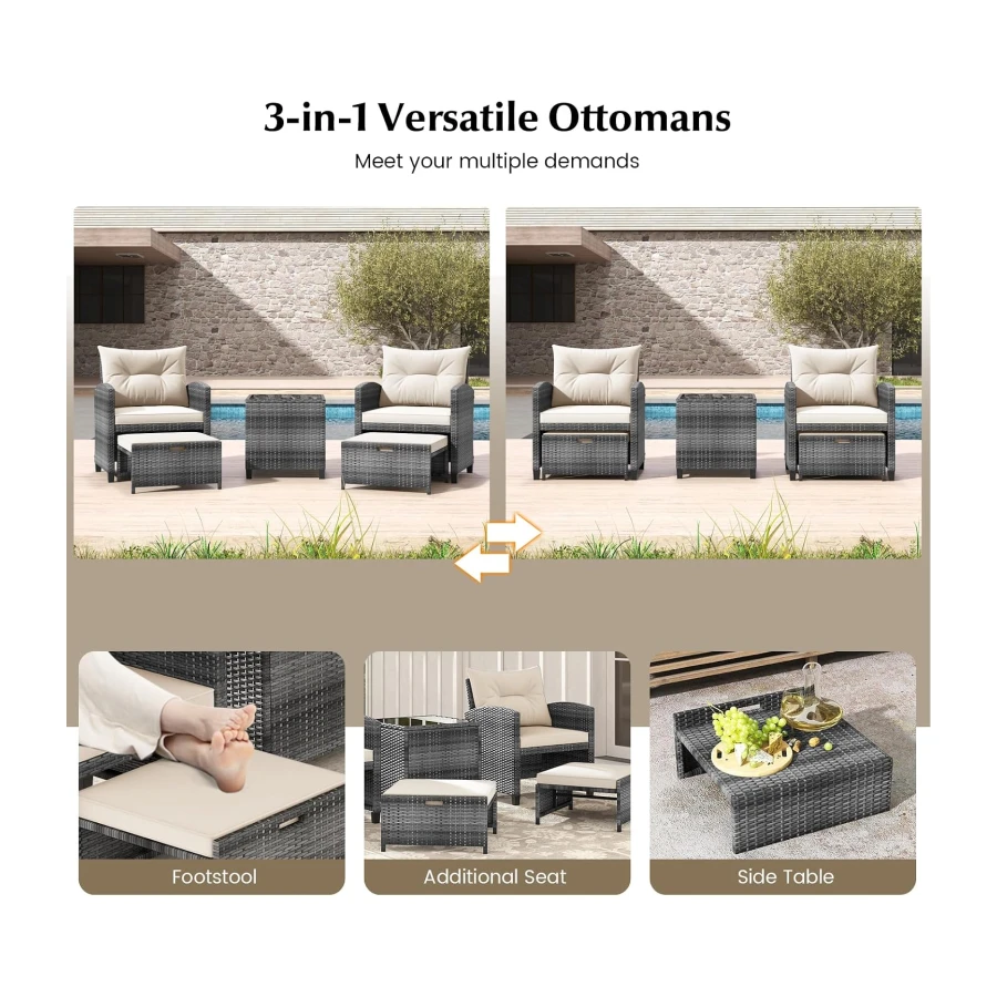 Tangkula 5 Pieces Patio Conversation Set, PE Wicker Rattan Outdoor Furniture Set with 2 Chairs, 2 Ottomans & Tempered Glass Coffee Table, Ideal for Poolside, Backyard, Lawn, Deck, Mix Grey & Off White