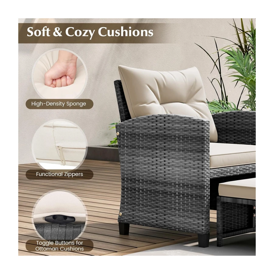 Tangkula 5 Pieces Patio Conversation Set, PE Wicker Rattan Outdoor Furniture Set with 2 Chairs, 2 Ottomans & Tempered Glass Coffee Table, Ideal for Poolside, Backyard, Lawn, Deck, Mix Grey & Off White