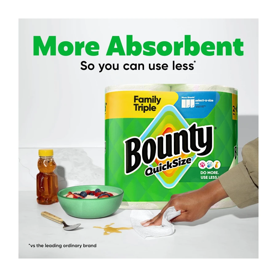 Bounty Paper Towels Quick Size, White, 6 Family Triple Rolls = 20+ Regular Rolls