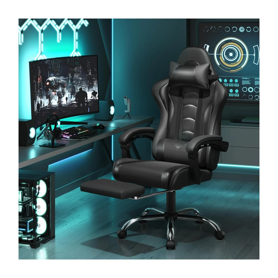 Yaheetech Gaming Chair with Massage Lumbar Support & Footrest, Full Black