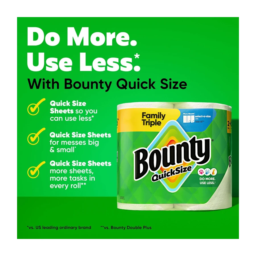 Bounty Paper Towels Quick Size, White, 6 Family Triple Rolls = 20+ Regular Rolls
