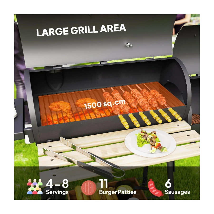 Outsunny 49" Charcoal BBQ Grill with Offset Smoker Portable Backyard Cooking Smoker Outdoor Camp Picnic Barbecue Cooker with Thermometer Wheels and Storage Shelves