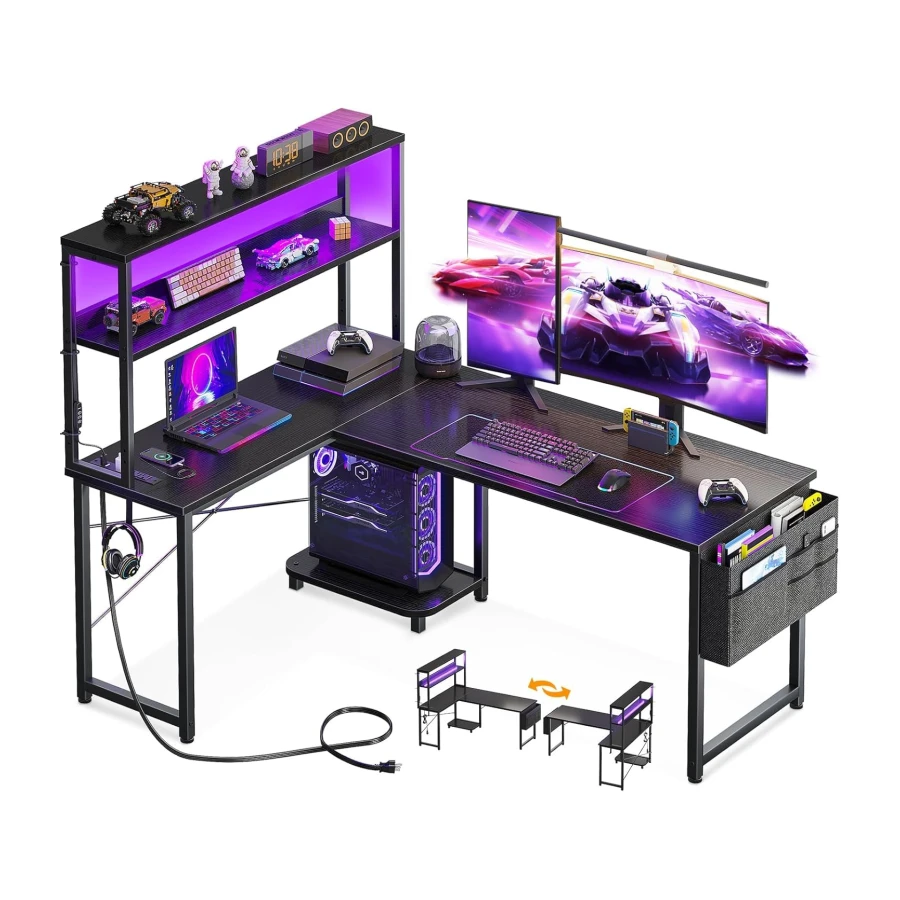 AODK - L-shaped gaming desk with LED light and power outlet, 53 inch reversible L-shaped computer table with shelf and storage bag and hook for office in