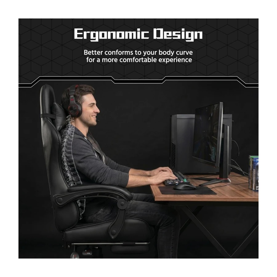 Yaheetech Gaming Chair with Massage Lumbar Support & Footrest, Full Black