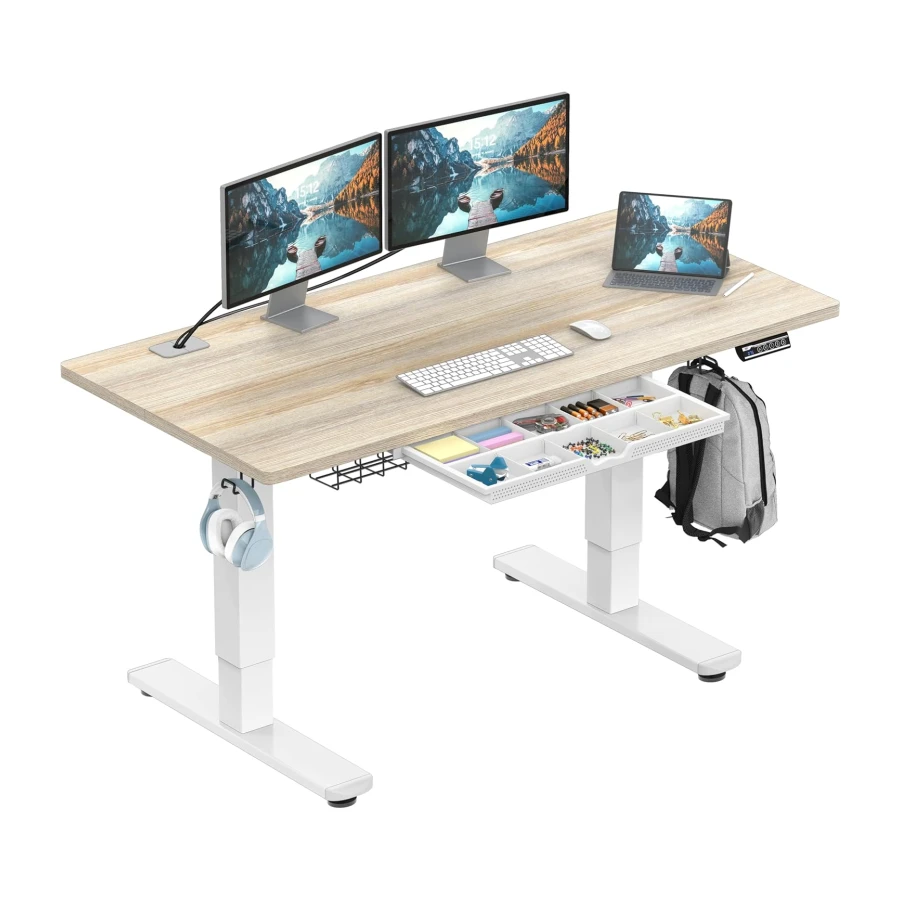 SHW 55 x 28 Electric Height Adjustable Standing Desk w/Drawer, Maple