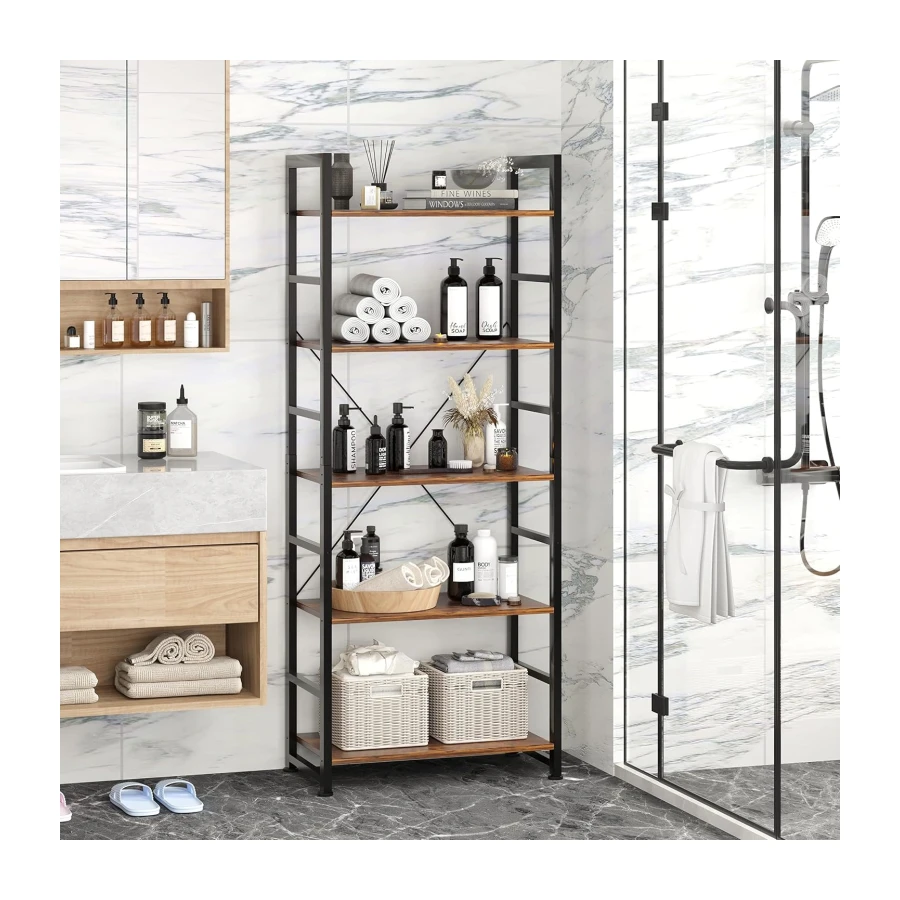 VERMESS Industrial Bookshelf, 5-Tier 24inch Shelving Unit Wood Bookcase with Open Shelves