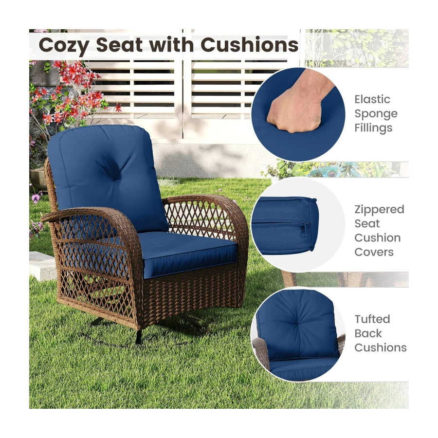 ORALNER 3 Pieces Wicker 360° Swivel Rocker Set Patio Furniture, Rocking Chairs with Cushions, Tempered Glass Coffee Table, Outdoor Rattan Bistro Set for Balcony Front Porch Deck Poolside (Navy)
