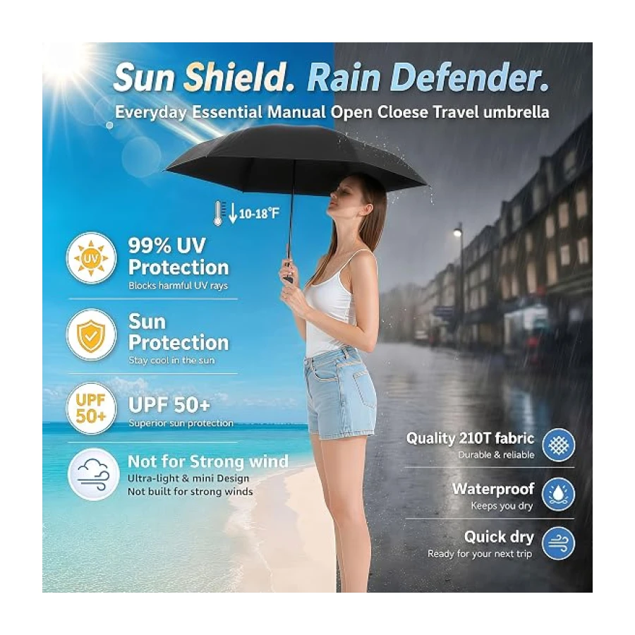BAODINI Travel Essentials Mini Umbrella for Purse With Case Small Compact UV Sun Protection Lightweight Tiny Pocket
