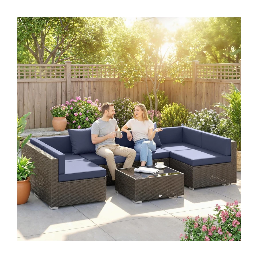 Outsunny 7 Piece Patio Furniture Set, PE Rattan Outdoor Conversation Set with Sectional Sofa, Glass Tabletop, Cushions and Pillows for Garden, Lawn, Deck, Coffee and Navy Blue