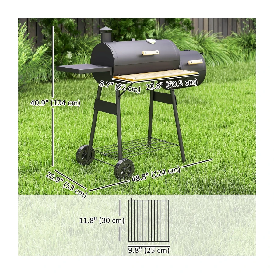 Outsunny 49" Charcoal BBQ Grill with Offset Smoker Portable Backyard Cooking Smoker Outdoor Camp Picnic Barbecue Cooker with Thermometer Wheels and Storage Shelves