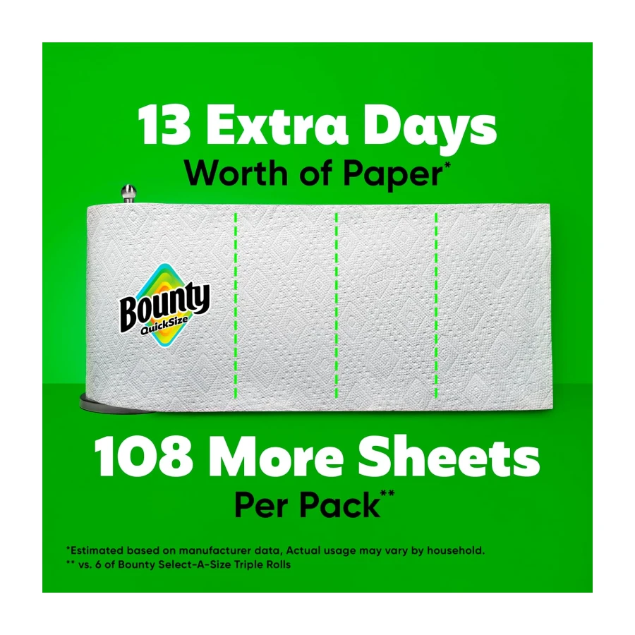 Bounty Paper Towels Quick Size, White, 6 Family Triple Rolls = 20+ Regular Rolls