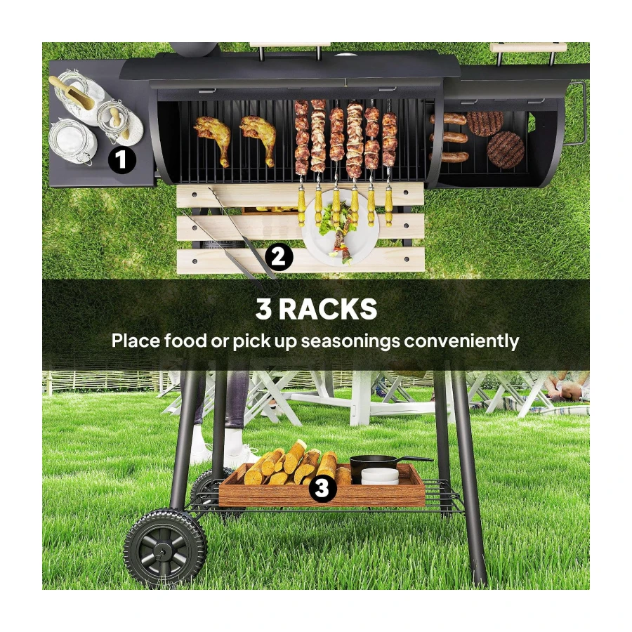 Outsunny 49" Charcoal BBQ Grill with Offset Smoker Portable Backyard Cooking Smoker Outdoor Camp Picnic Barbecue Cooker with Thermometer Wheels and Storage Shelves