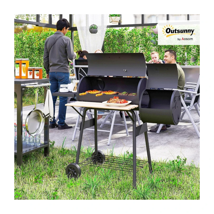 Outsunny 49" Charcoal BBQ Grill with Offset Smoker Portable Backyard Cooking Smoker Outdoor Camp Picnic Barbecue Cooker with Thermometer Wheels and Storage Shelves