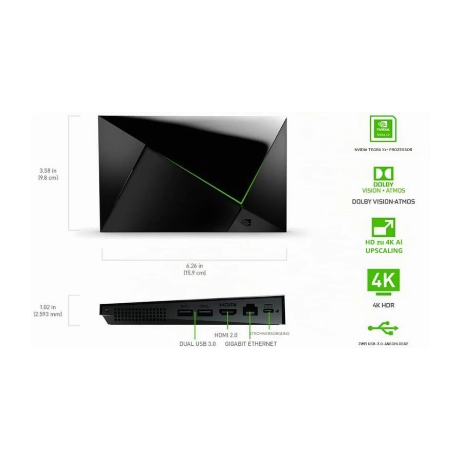 NVIDIA SHIELD Android TV Pro Multimedia Player; 4K HDR Filme, Live Sport, Dolby Vision-Atmos, KI-unterstützte Video-Hochskalierung, GeForce NOW Cloud Gaming, Google Assistant integriert