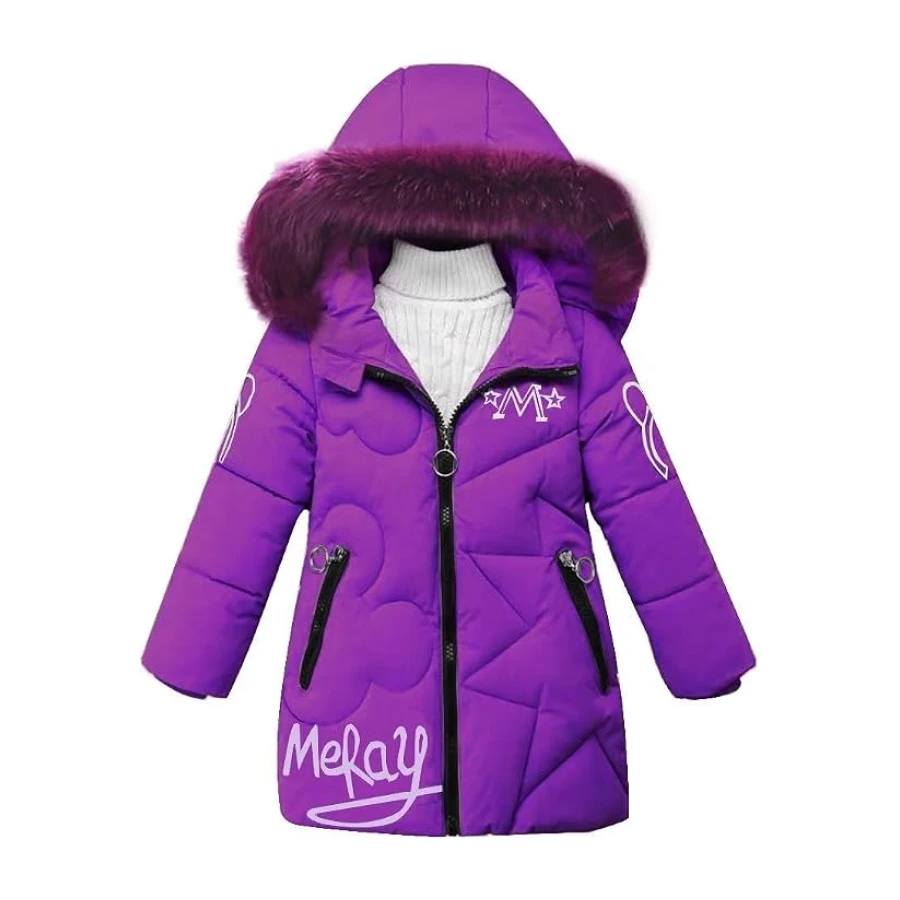 linboo Winterjacke Mädchen Wintermantel mit Abnehmbarer Fellkapuze Warme Lang Mantel Kinder Parka Outdoor Jacke mit Buchstaben und niedliche Muster