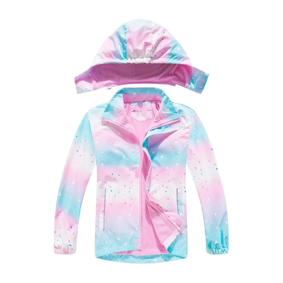 NATUST Mädchen Gefütterte Regenjacke Kinder Winddicht Übergangsjacke mit Abtrennbare Kapuze