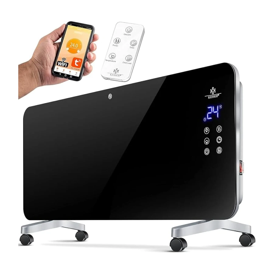 KESSER® Elektro Glasheizung Glaskonvektor Elektroheizung Heizung Heizkörper, Touchscreen, APP, WiFi Funktion Inkl. Fernbedienung, LCD-Display, Timer, als Stand- oder Wandgerät mit 2000 Watt, Schwarz