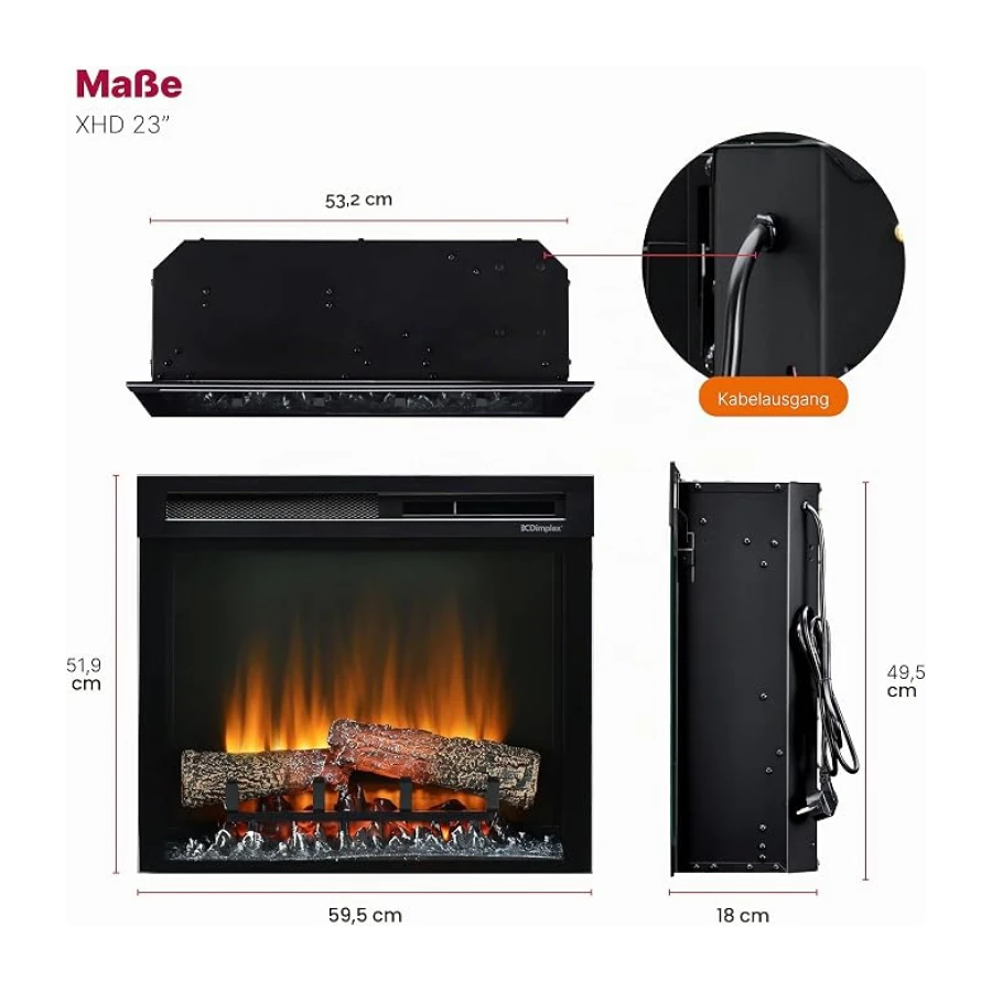 Dimplex XHD 23'' Elektrokamin Einsatz - Wandkamin - Elektrokamin mit Heizung - 1400W - Kamineinsatz Elektrisch mit LED Optiflame Flammeneffekt - Zuschaltbare Heizung - Mit Fernbedienung