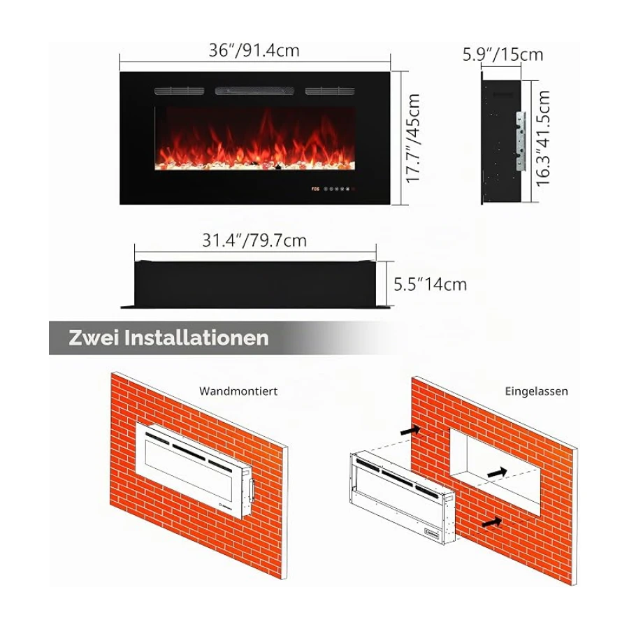 Elektrokamin Wandmontage, 13 Farbmodi LED flammeneffekt, 92 cm Kamin Heizung Glas-Touchscreen und Fernbedienung,1500W(36")