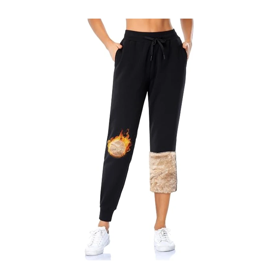 MOVE BEYOND Gefütterte Jogginghose Damen Warm Thermo Fleecehose Winter Verdickte Kuschelhose mit 2 Taschen Sherpa-Innenfutter Kordelzug Sweathose
