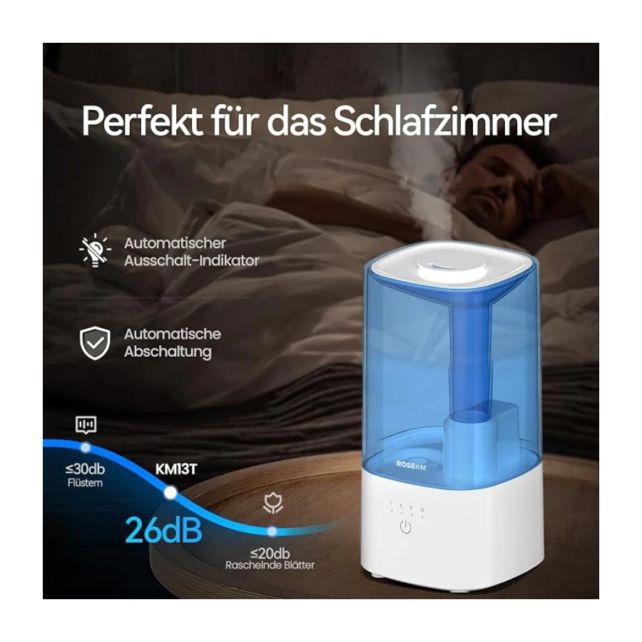 Roeskm Luftbefeuchter Schlafzimmer, 2L Humidifier, nur 26 dB, bis 24 Std.