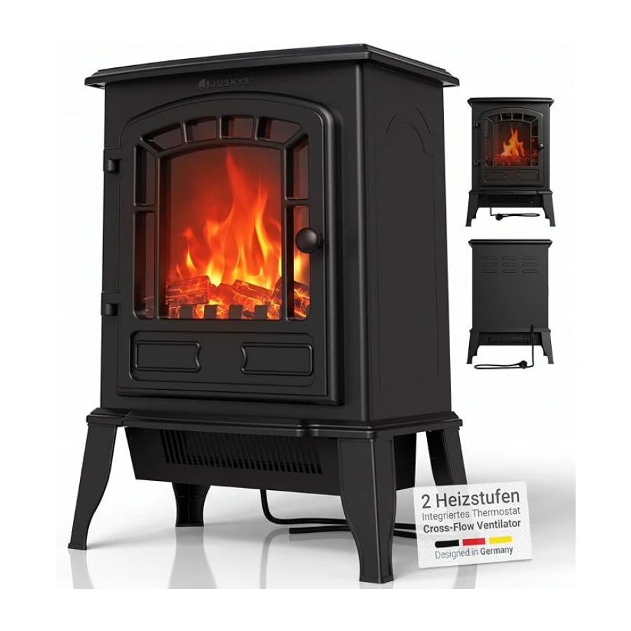 Juskys® Elektrokamin 2000 W — Schwarz, elektrischer Standkamin mit Flammeneffekt, 2 Heizstufen, Thermostat & Sicherheitsabschaltung für Wohnzimmer