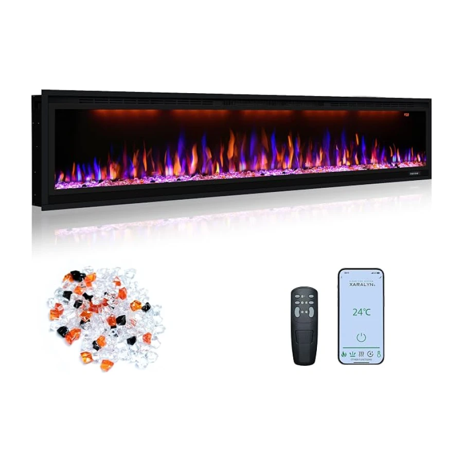 188cm/74" Elektrokamin, schlanker Einbau- & Wandkamin mit Fernbedienung, mehrfarbige Flammeneffekte mit realistischen Holzscheiten, Thermostat mit Timer, 750/1500W, Schwarz