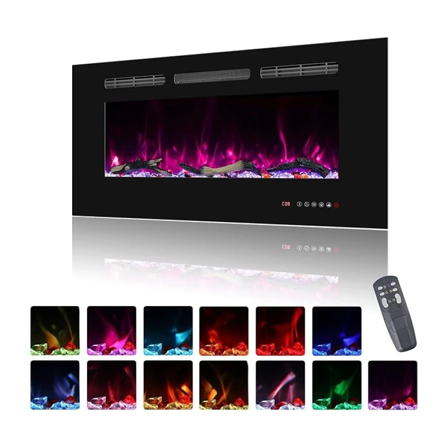 Elektrokamin Wandmontage, 13 Farbmodi LED flammeneffekt, 92 cm Kamin Heizung Glas-Touchscreen und Fernbedienung,1500W(36")