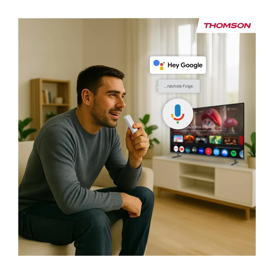 Thomson Go Cast 152 Streaming Dongle, 4K UHD Google TV Stick mit Google Assistant, Google Cast, Dolby Atmos, Dolby Digital+, HDR10, 2GB RAM, 32GB Speicher, Kompakt und Tragbar – Weiß
