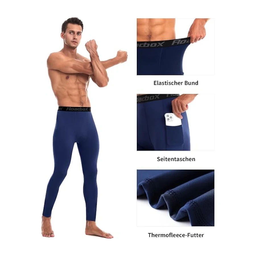Roadbox Thermo Kompressionshose Herren, Fleece Sportleggings mit Taschen