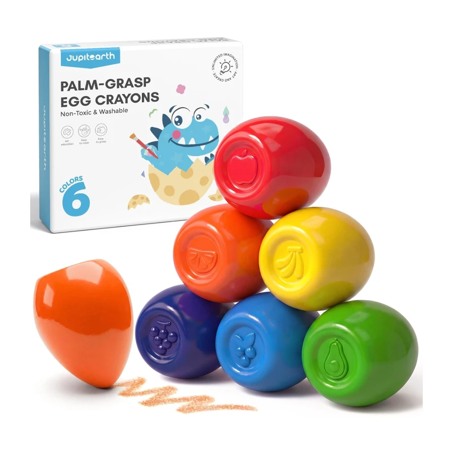 JUPITEARTH 6 Farben Ei-Kreide für Kinder, Palm-Griff ungiftige Jumbo waschbare Wachsmalstifte für Kinder, Fat Brain Spielzeug für Kunstbedarf und perfekte Geschenke für Jungen und Mädchen