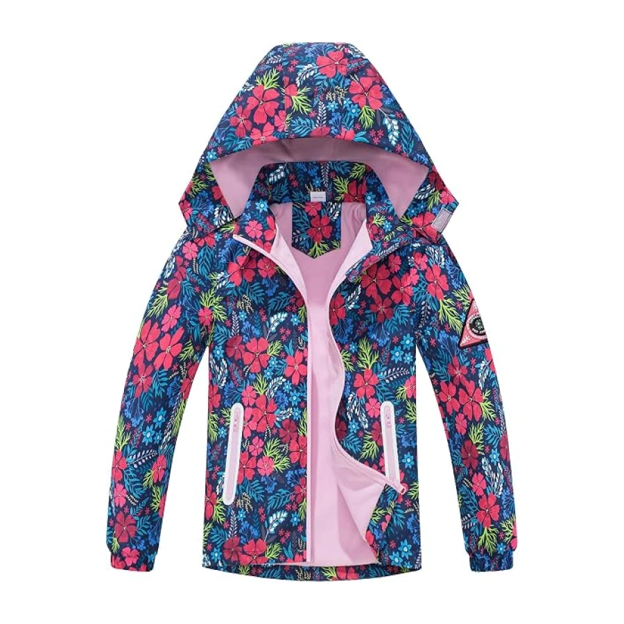 NATUST Mädchen Gefütterte Regenjacke Kinder Winddicht Übergangsjacke mit Abtrennbare Kapuze