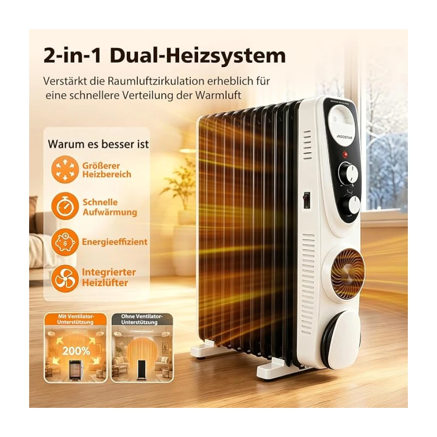 Aigostar Ölradiator 2300W, 11 Rippen mit Separatem 400W Heizlüfter