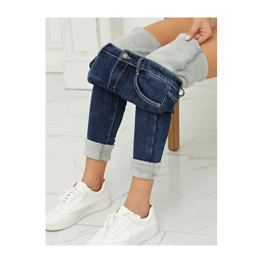 Yehopere Damen Winter Fleece Gef¨¹ttert Jeans Slim Fit Warm Skinny High Waist Denim Jeans