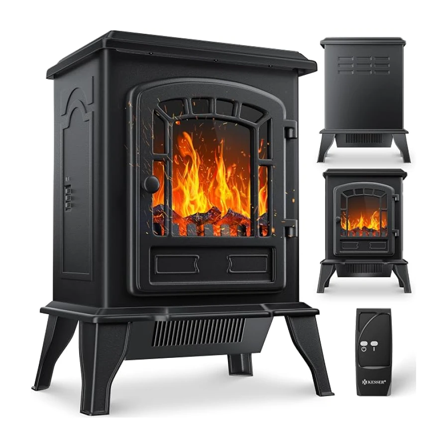 KESSER® Elektrokamin mit Heizlüfter & Fernbedienung 2000W Elektro Kamin Elektrischer Heizung LED Kaminfeuer Effekt Kaminofen Flammeneffekt Heizer Ofen geräuscharm regelbar Schwarz