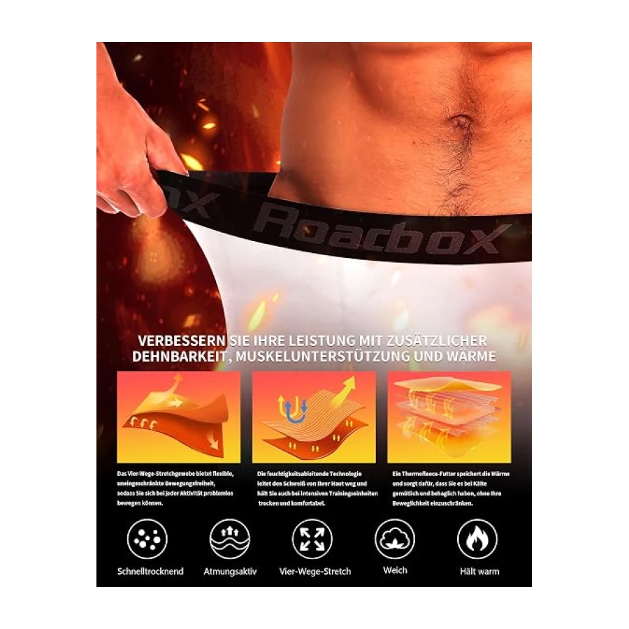 Roadbox Thermo Kompressionshose Herren, Fleece Sportleggings mit Taschen