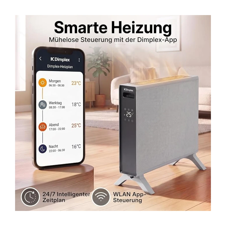 Dimplex HeatLite TEX+ Konvektorheizung elektrisch 2000 W, WLAN-App, Grau