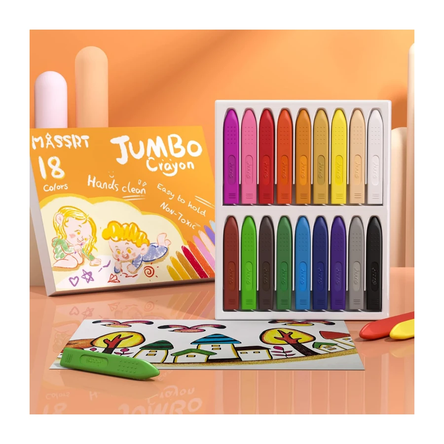 Dreikant Jumbo Wachsmalstifte für Kleinkinder, 18 Farben, Ungiftig, Abwaschbar, Leicht zu Halten, Bruchsichere sichere Malstifte für Kinder