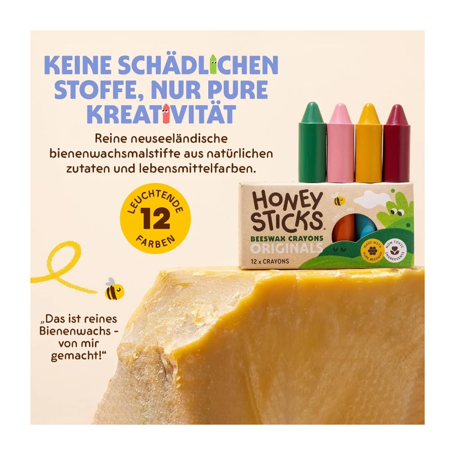 Honeysticks Wachsmalstifte (12er-Pack) - Ungiftige Wachsmalstifte Ab 1 Jahr