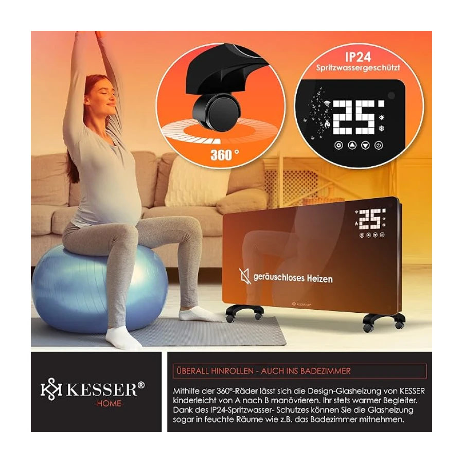 KESSER® Glaskonvektor Glasheizung Elektroheizkörper APP WiFi Funktion Inkl. Fernbedienung Elektroheizung Stand- oder Wand Heizung Heizkörper | Touchscreen | LCD-Display | Timer | 2500 Watt | Schwarz