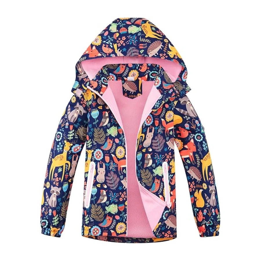 NATUST Mädchen Gefütterte Regenjacke Kinder Winddicht Übergangsjacke mit Abtrennbare Kapuze