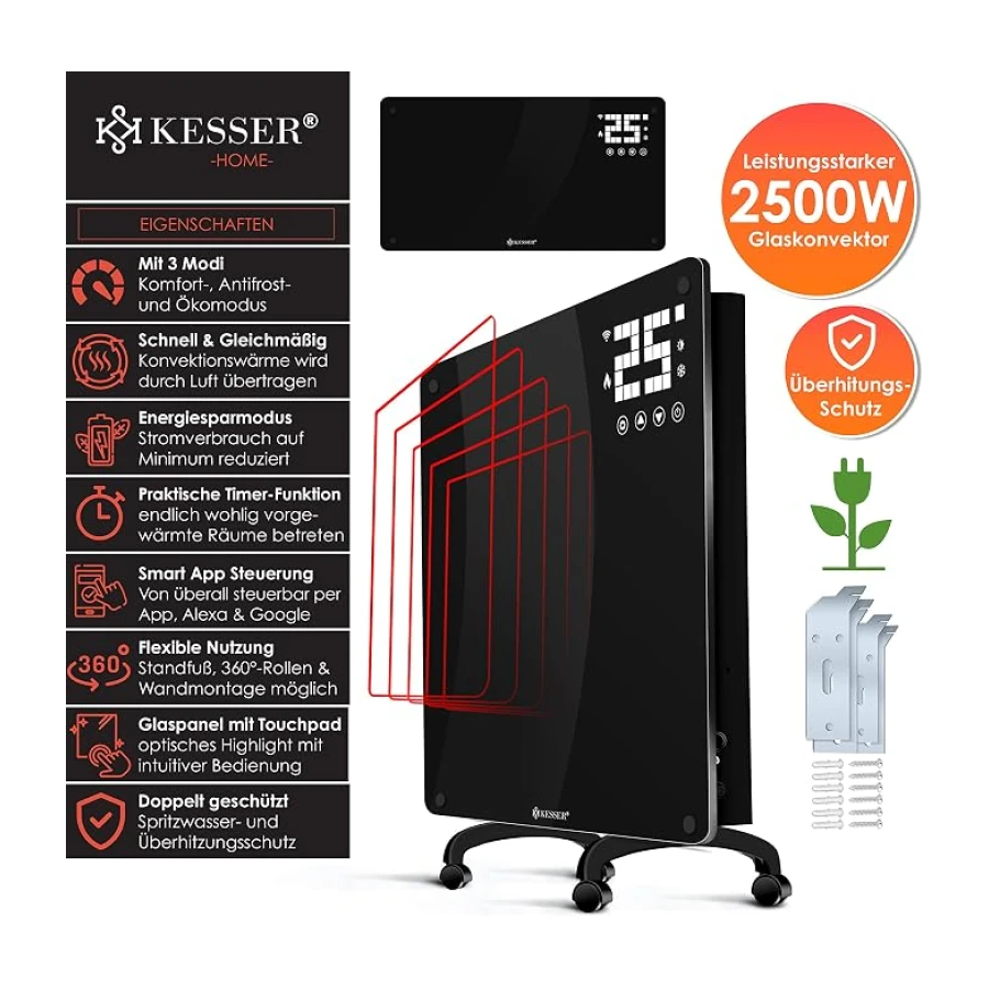 KESSER® Glaskonvektor Glasheizung Elektroheizkörper APP WiFi Funktion Inkl. Fernbedienung Elektroheizung Stand- oder Wand Heizung Heizkörper | Touchscreen | LCD-Display | Timer | 2500 Watt | Schwarz