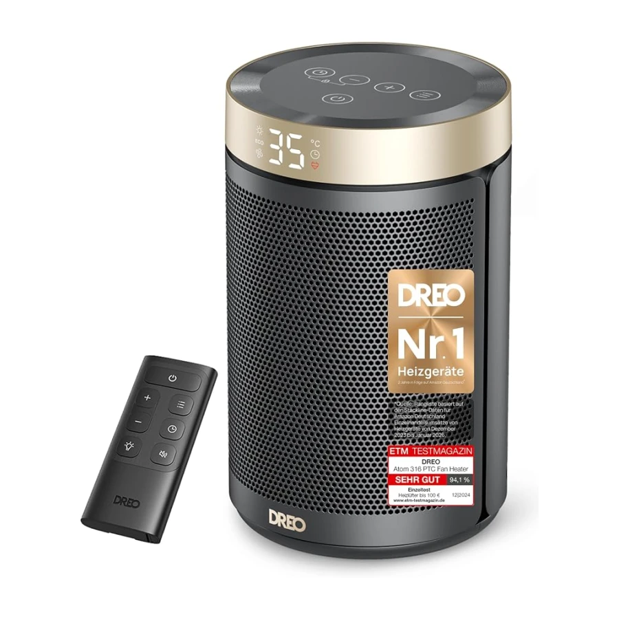 Dreo Energiesparender Heizlüfter, 34 dB Leiser 1500W Elektrischer PTC Keramik, Thermostat, Überhitzungs- & Kippschutz, 12 Std. Timer, Elektroheizung für Räume Schlafzimmer, Heater 316, Gold