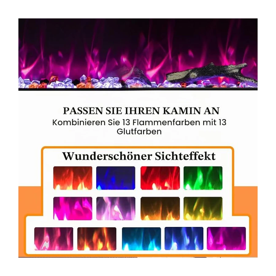 Elektrokamin Wandmontage, 13 Farbmodi LED flammeneffekt, 92 cm Kamin Heizung Glas-Touchscreen und Fernbedienung,1500W(36")