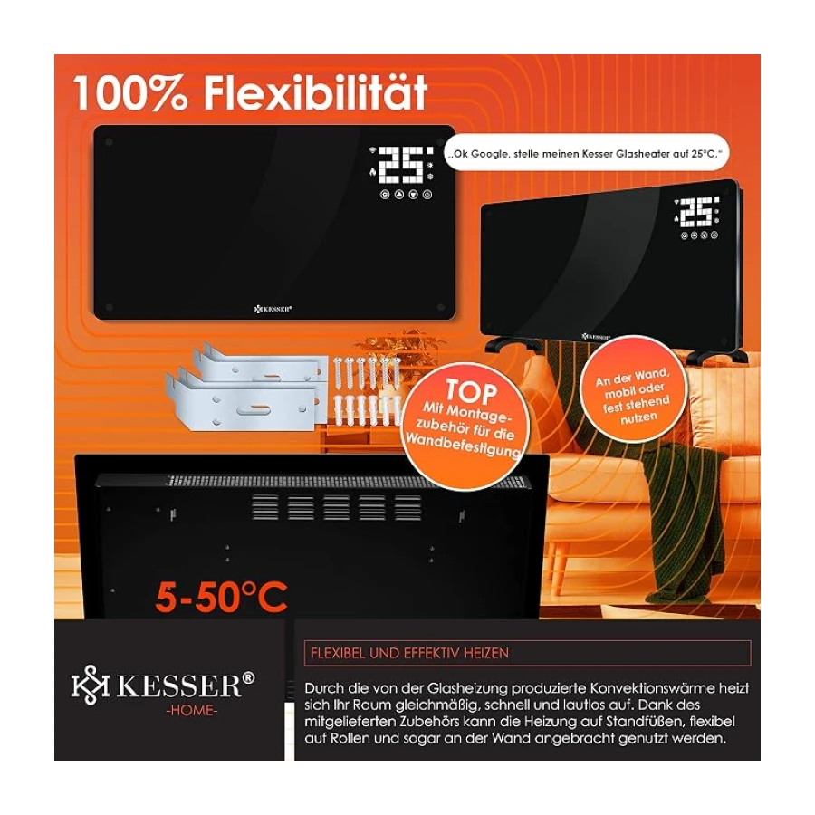 KESSER® Glaskonvektor Glasheizung Elektroheizkörper APP WiFi Funktion Inkl. Fernbedienung Elektroheizung Stand- oder Wand Heizung Heizkörper | Touchscreen | LCD-Display | Timer | 2500 Watt | Schwarz