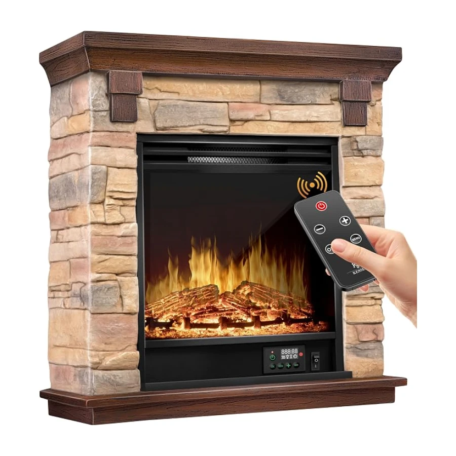 KESSER® Elektrokamin Standkamin - Kamin elektrisch mit LED 3D-Flammeneffekt, Mit Heizung Heizfunktion, Elektro Kamin mit 1800W Leistung, Timer, Thermostat, Fernbedienung, dimmbar, Natur/Braun