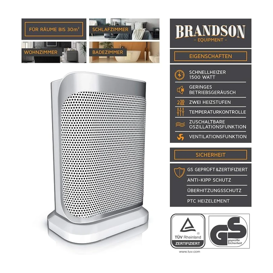 Brandson - Heizlüfter energiesparend leise - 1500 Watt - 2 Leistungsstufen - Heizlüfter Badezimmer - stufenlose Temperaturregelung - Keramik Heizelement - Thermosicherung - Heizung Heater