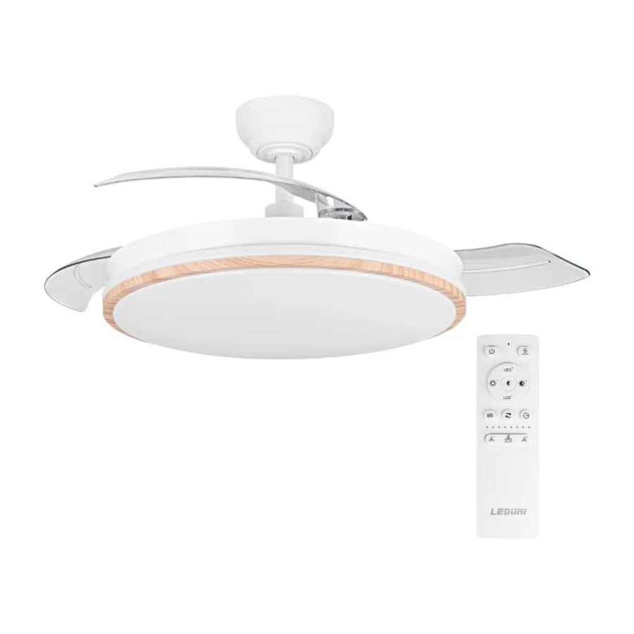 LEDUNI Ventilador con Luz LED 72w 7590LM con mando a distancia CCT | Motor DC temporizador, 6 velocidades, aspas retráctiles, 3 temperaturas de luz, función verano-invierno Silencioso (Madera) [Clase de eficiencia energética E]
