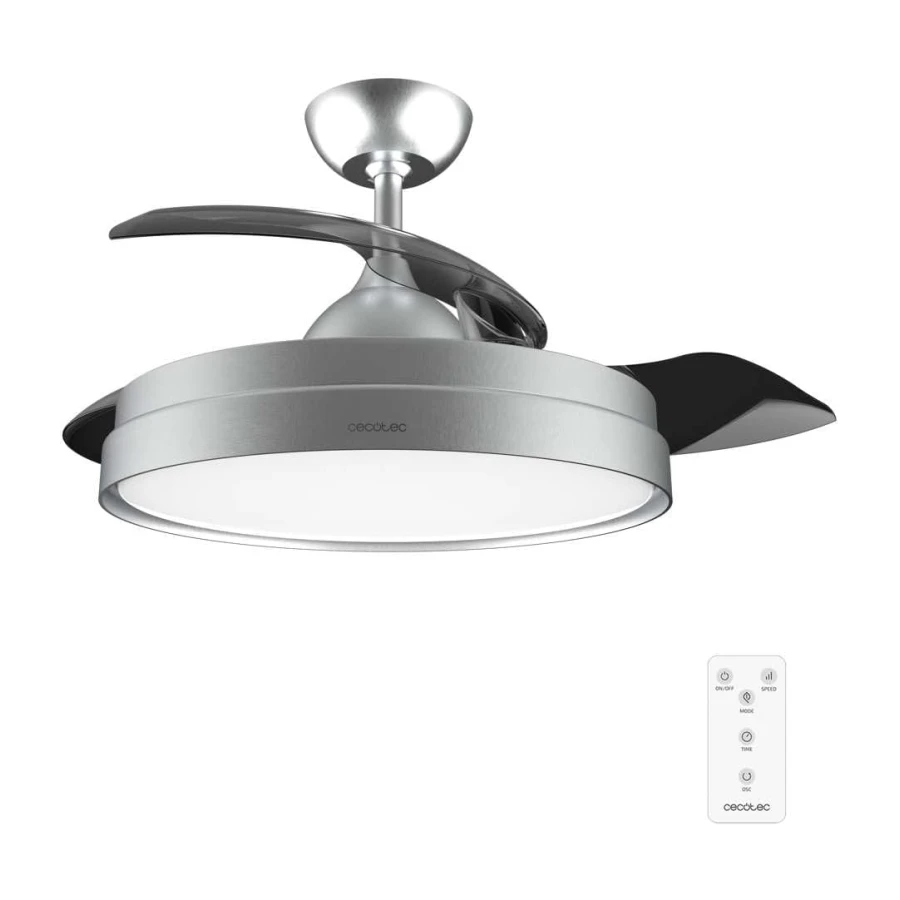 Cecotec Ventilador de Techo con Aspas Retráctites y Lámpara EnergySilence Aero 4280 Invisible Steel. 40 W, Diámetro 42" (106cm), Temporizador, 3 Tonos de Luz, Función Verano-Invierno [Clase de eficiencia energética E]